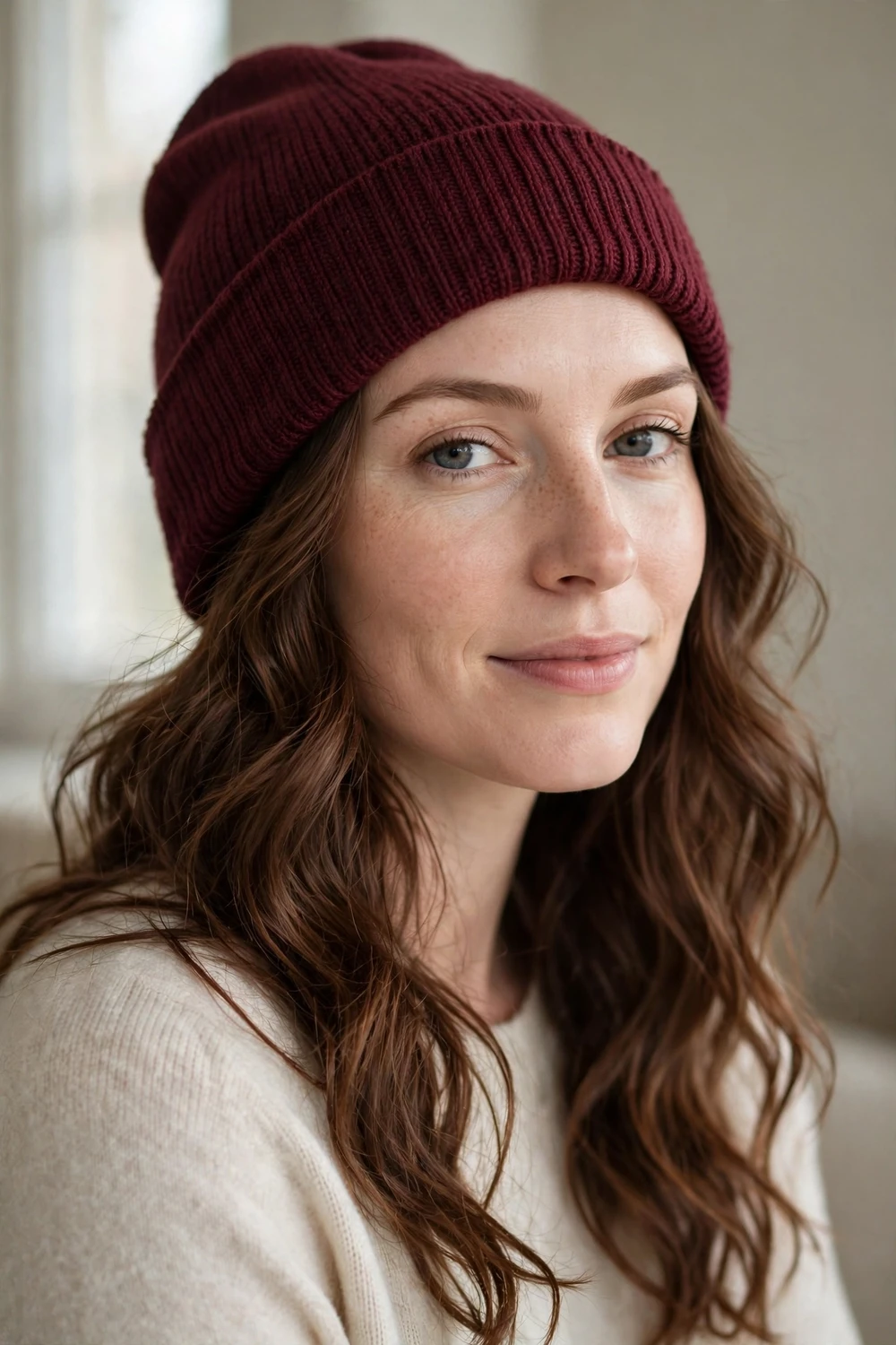 Woman with chestnut brown loose waves wearing a burgundy knit beanie