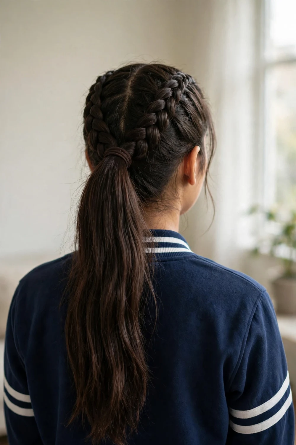 Woman with two Dutch braids feeding into a high ponytail