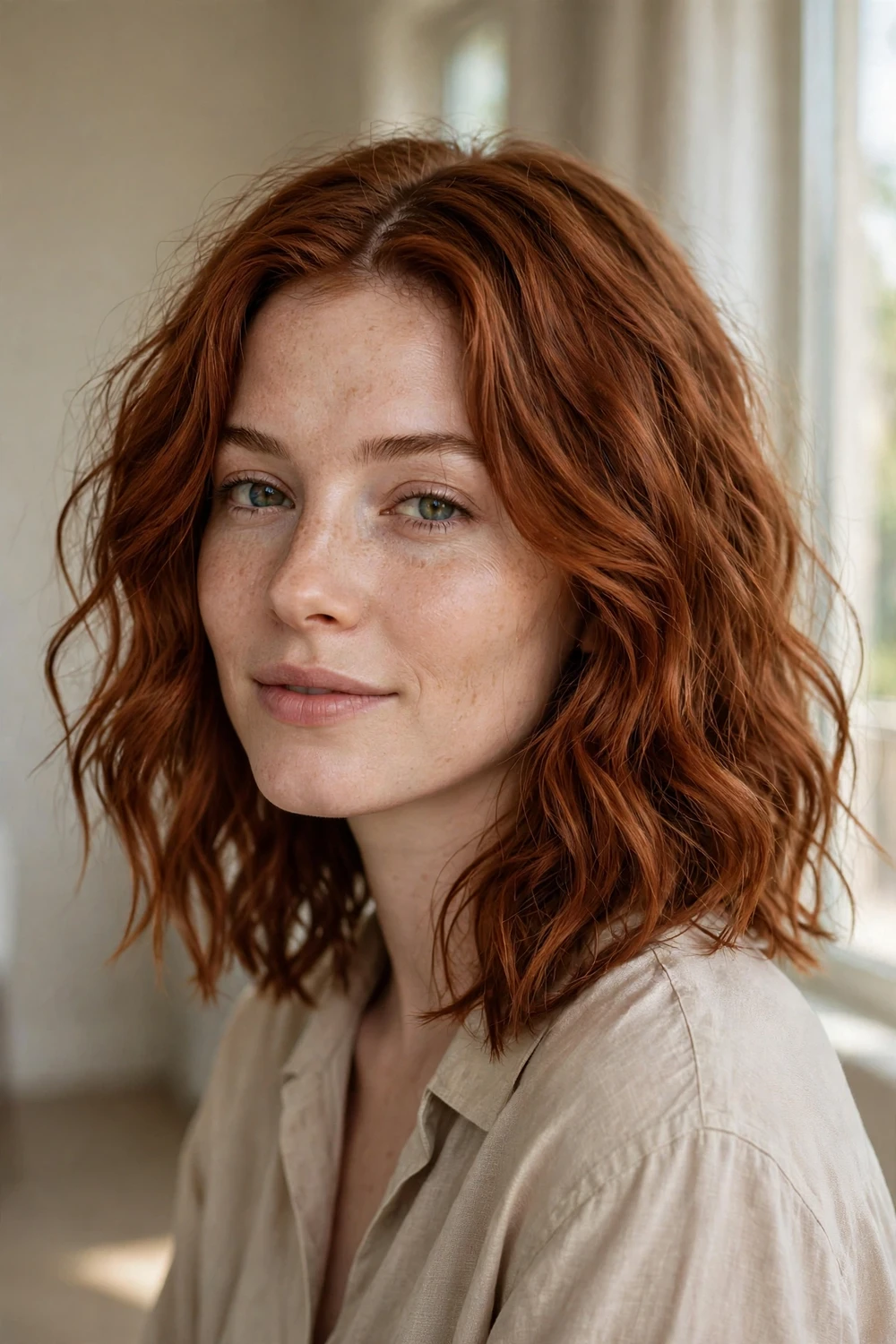 Woman with collarbone-length auburn lob in loose beachy waves with center part