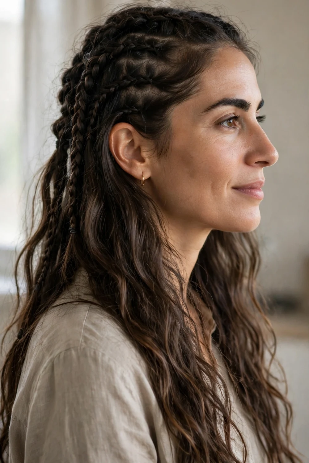 Woman with long boho braids left with loose wavy unbraided ends