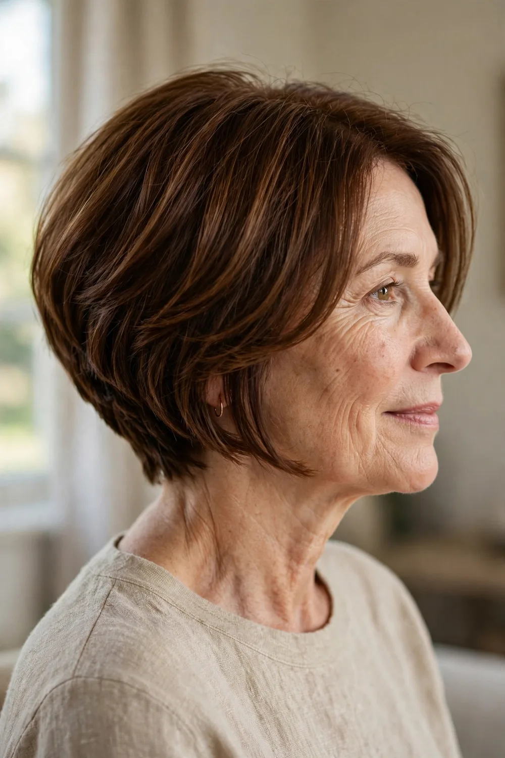 Chin-length angled bob on a woman over 50