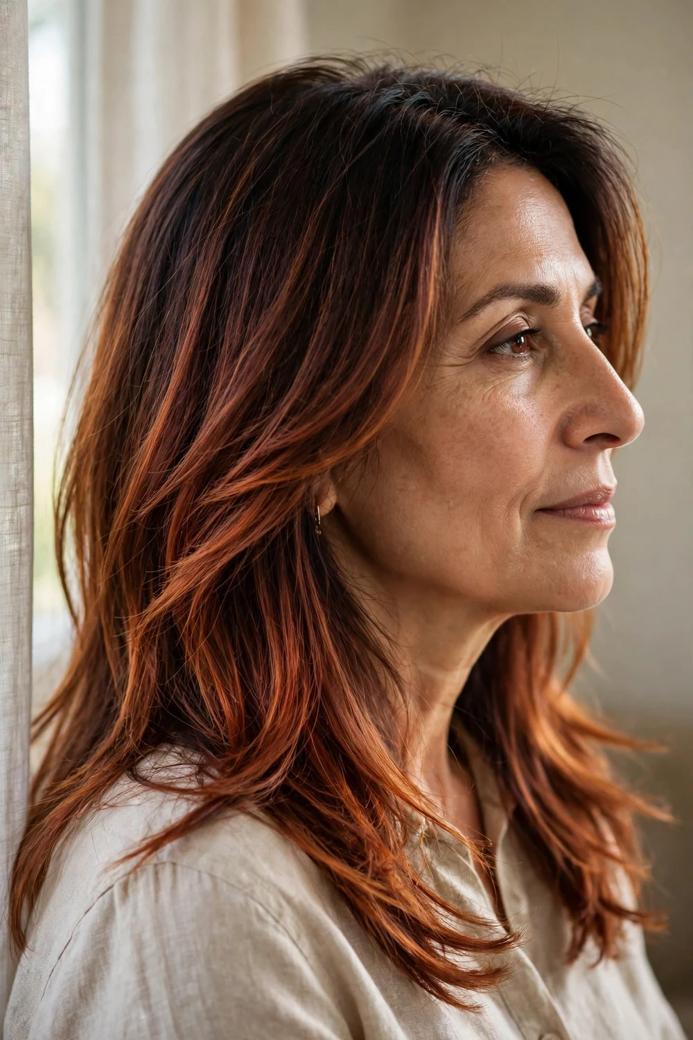 Woman with chocolate brown hair blended with auburn and copper tones