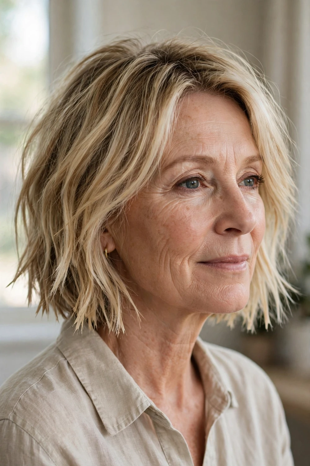 53-year-old woman with blonde choppy bob with razored textured ends