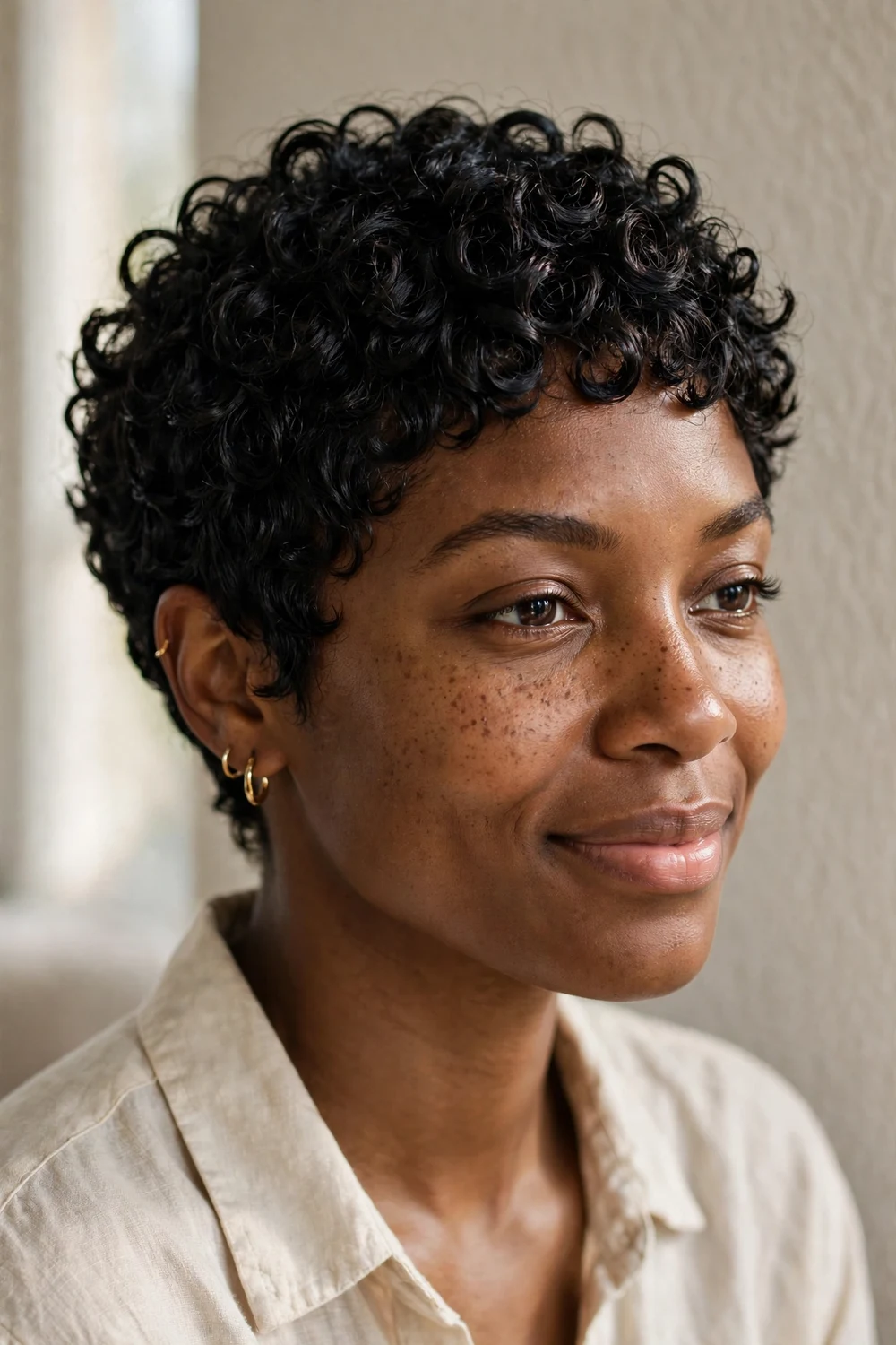Wash-and-go curly pixie with highly defined glossy curls