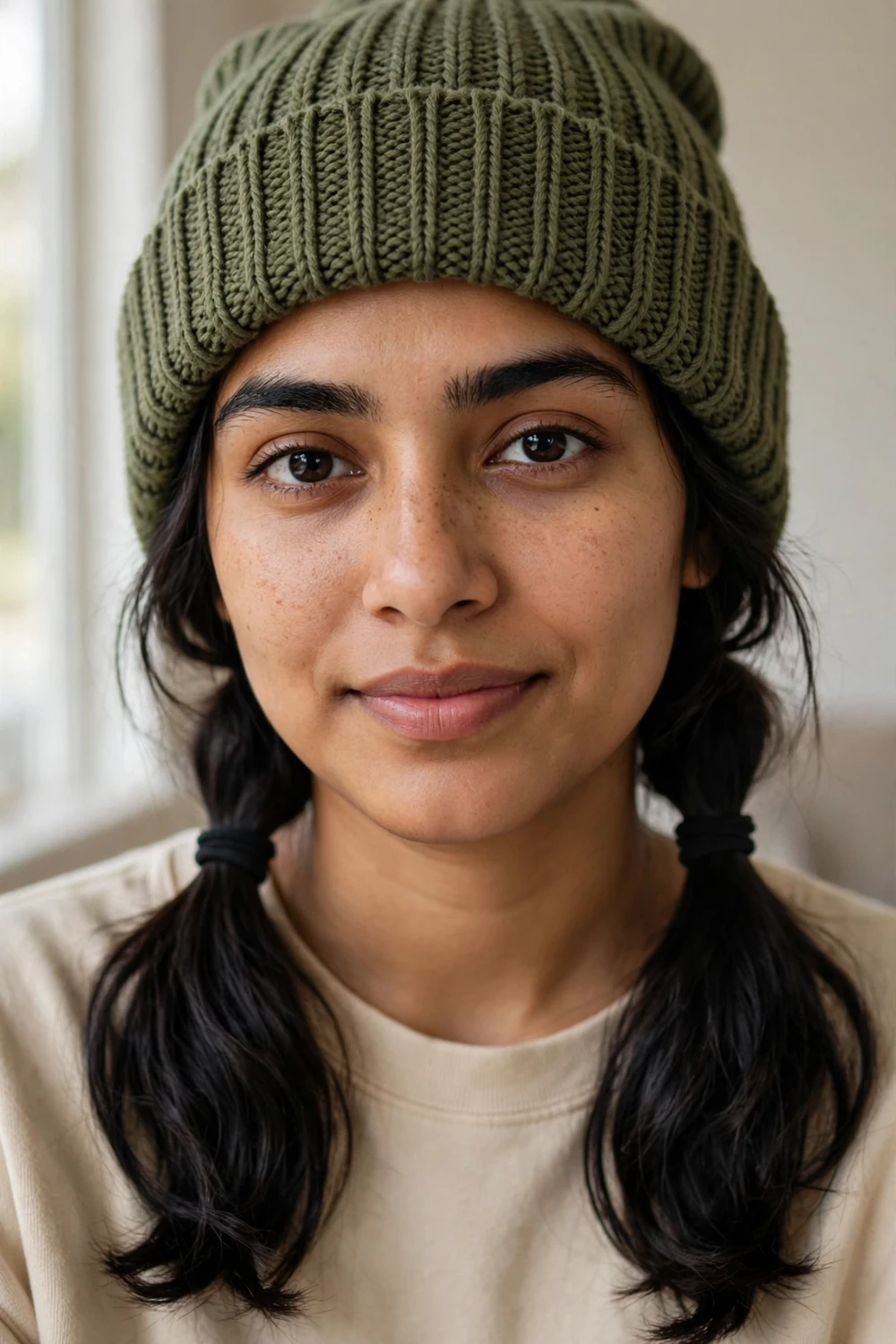 Woman with long dark hair in two low pigtails wearing an olive green beanie