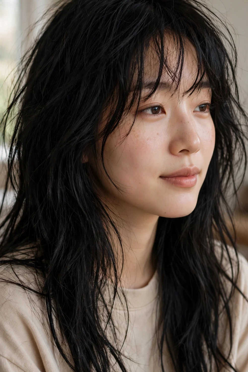 Woman with tousled black long hair and messy textured wispy fringe pieces