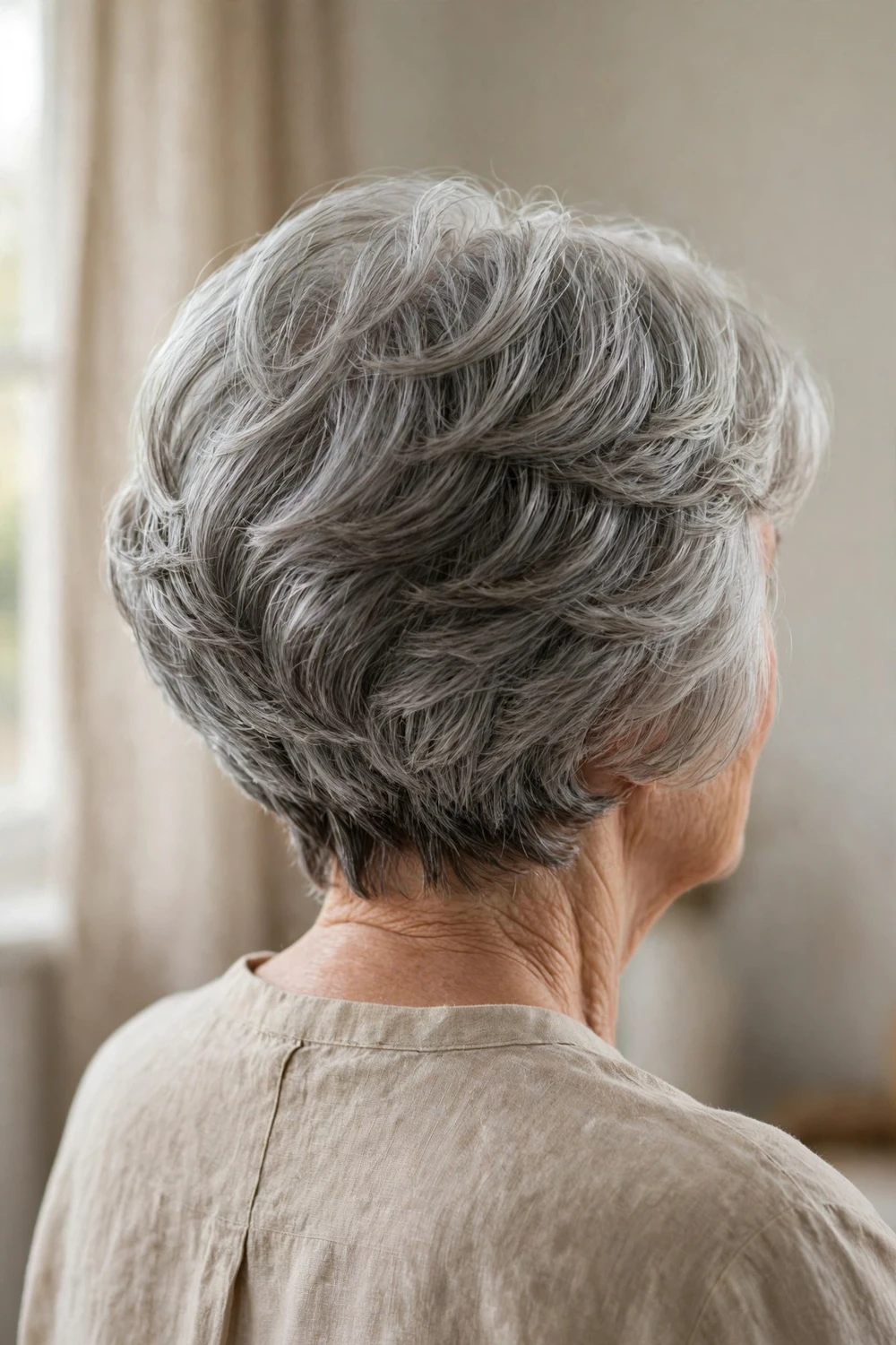 Softly stacked bob on a 66-year-old woman with gray fine hair
