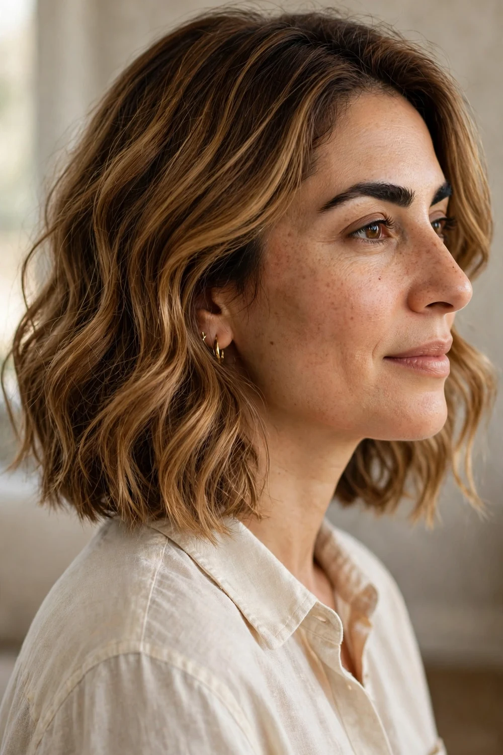 Wavy textured bob adding side volume on a woman with a thin face, honey brown hair