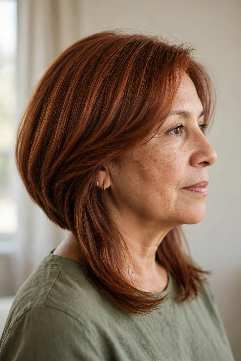 57-year-old Latina woman with auburn asymmetrical bob with one side longer than the other