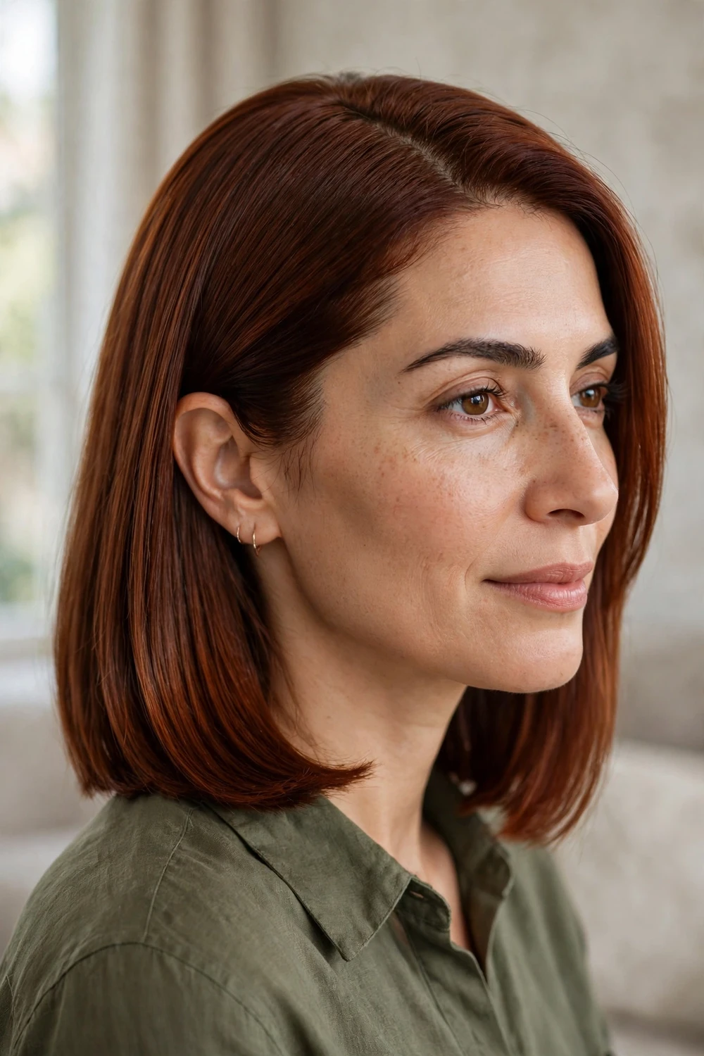 Woman with shoulder-length sleek straight auburn lob and deep side part