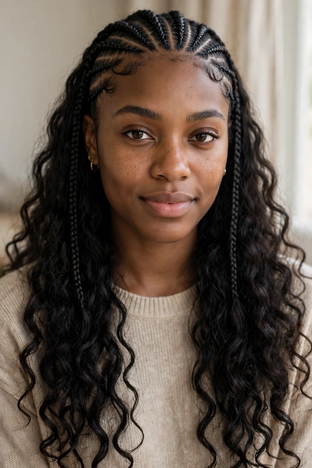 Woman with cornrows at the front flowing into loose boho curls