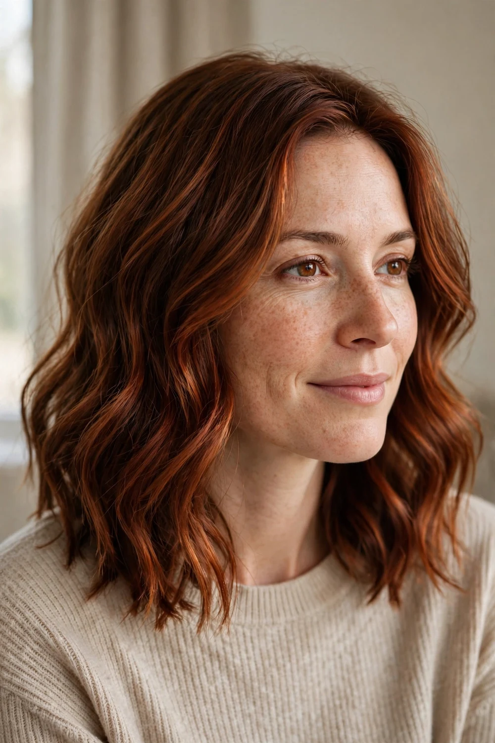 Woman with chestnut brown hair with auburn and copper dimension