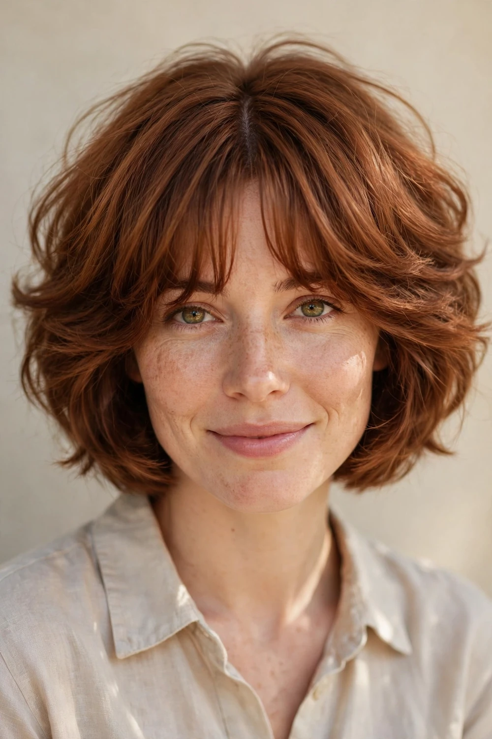 Cloud haircut with long curtain bangs parted in the middle blending into airy layers