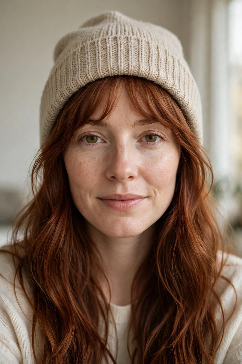 Woman with auburn curtain bangs and long hair wearing a beige knit beanie