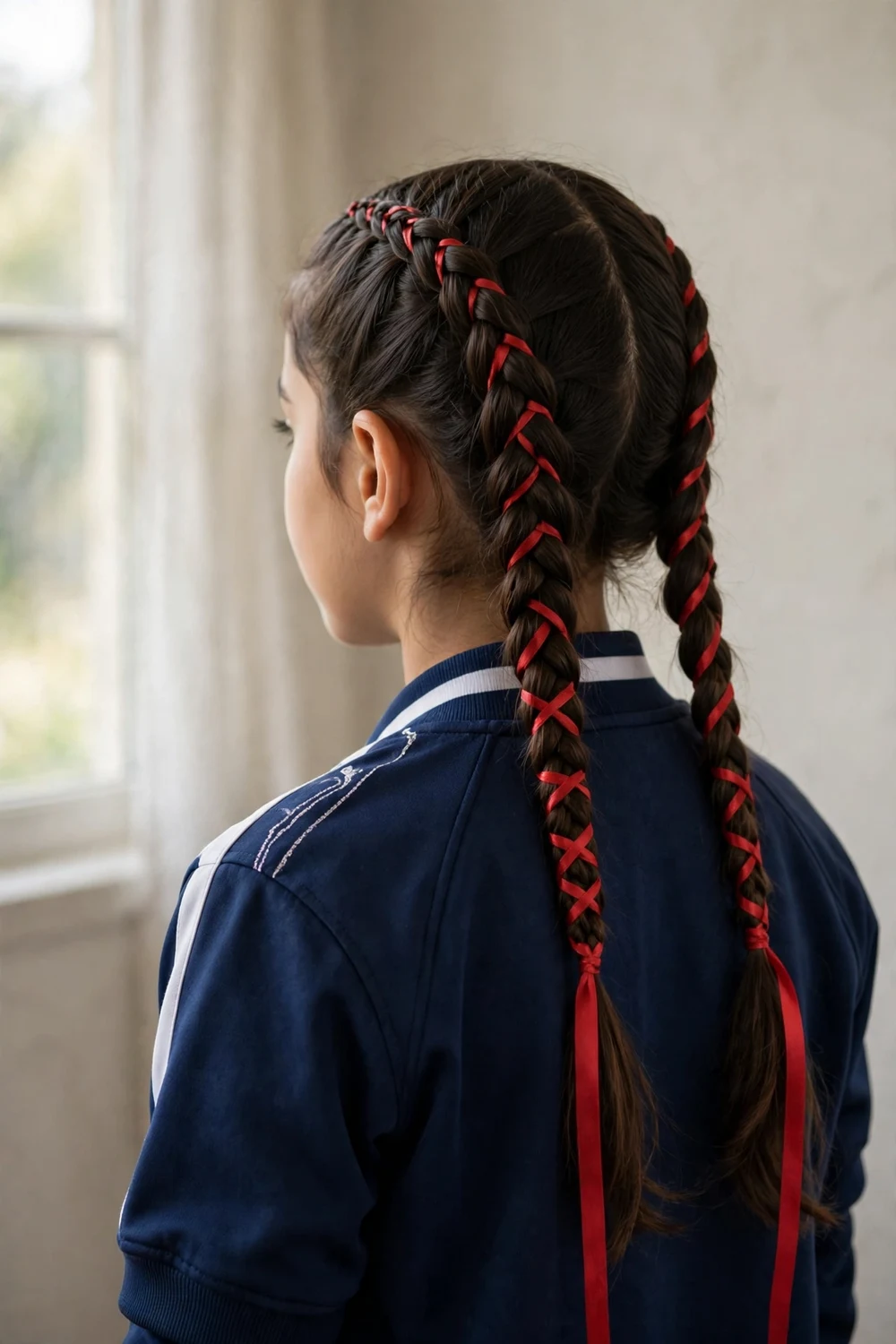 Girl with double French braids woven with red ribbons