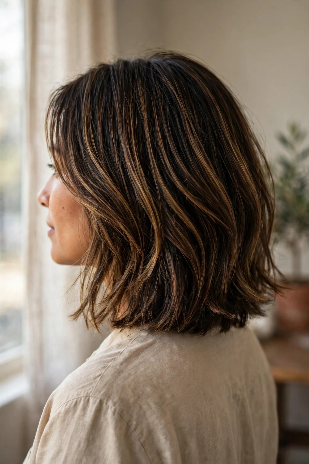 Shoulder-length layered bob with balayage highlights on a woman with a narrow face