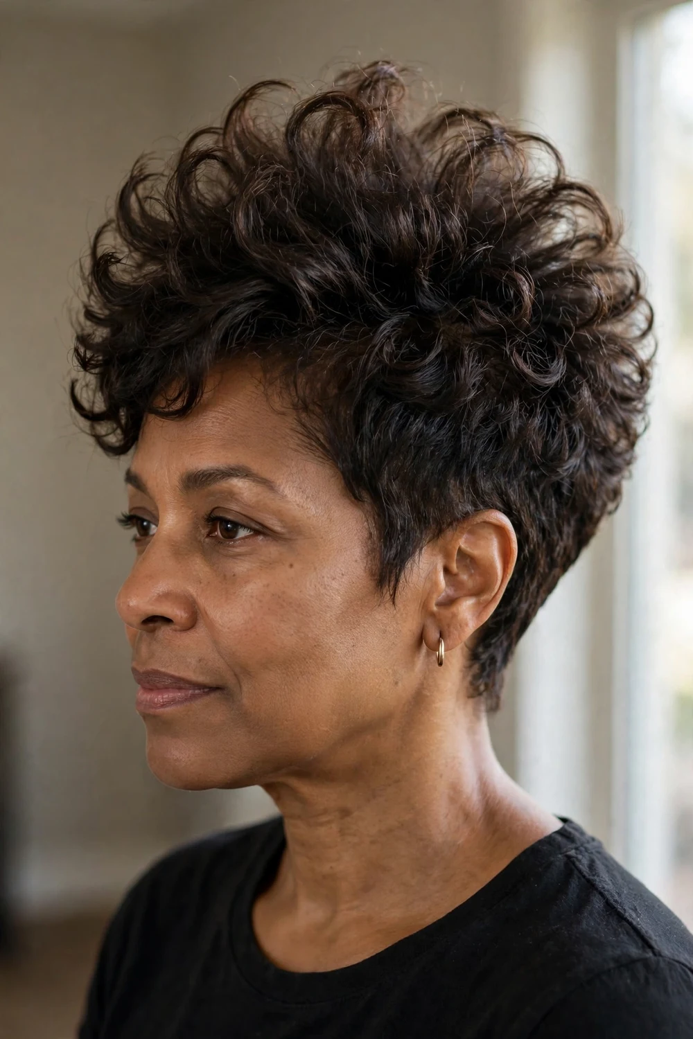 Curly pixie with lifted volume at the crown and tapered sides