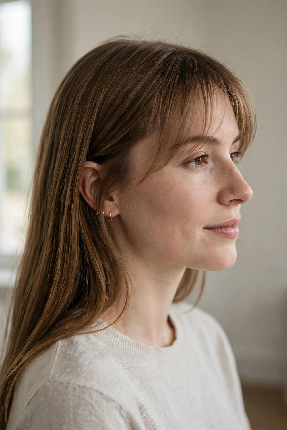 Woman with hazelnut brown long straight hair and a long thinned-out wispy fringe