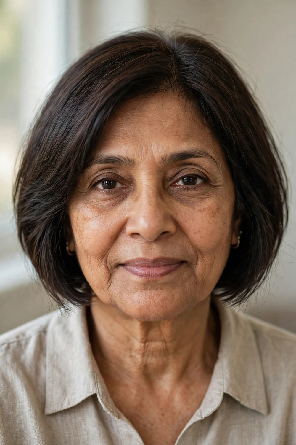 Razor-cut bob with feathered texture on a 59-year-old woman with dark brown thin hair