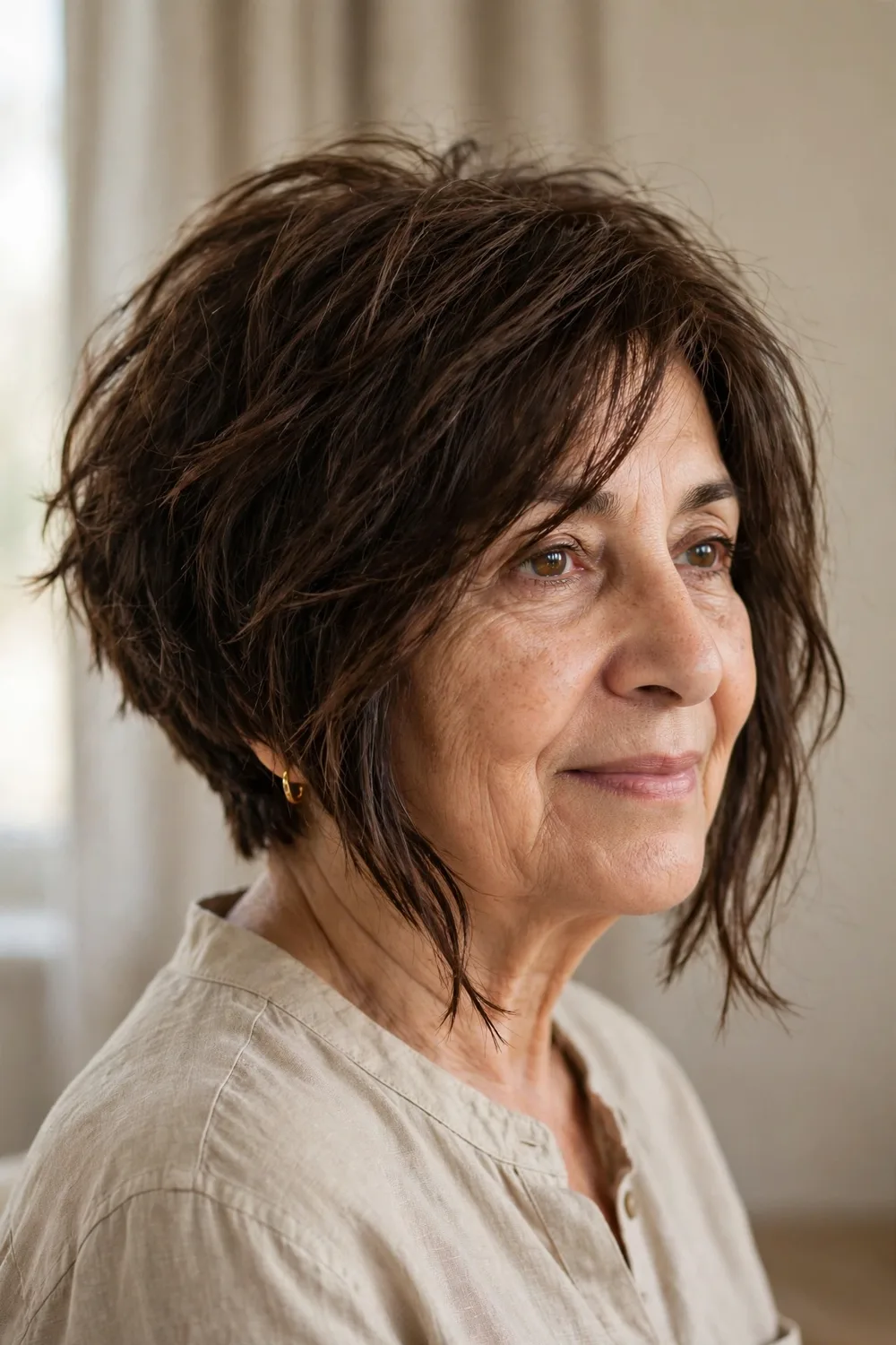 Textured choppy angled bob with piecey ends on a woman over 50