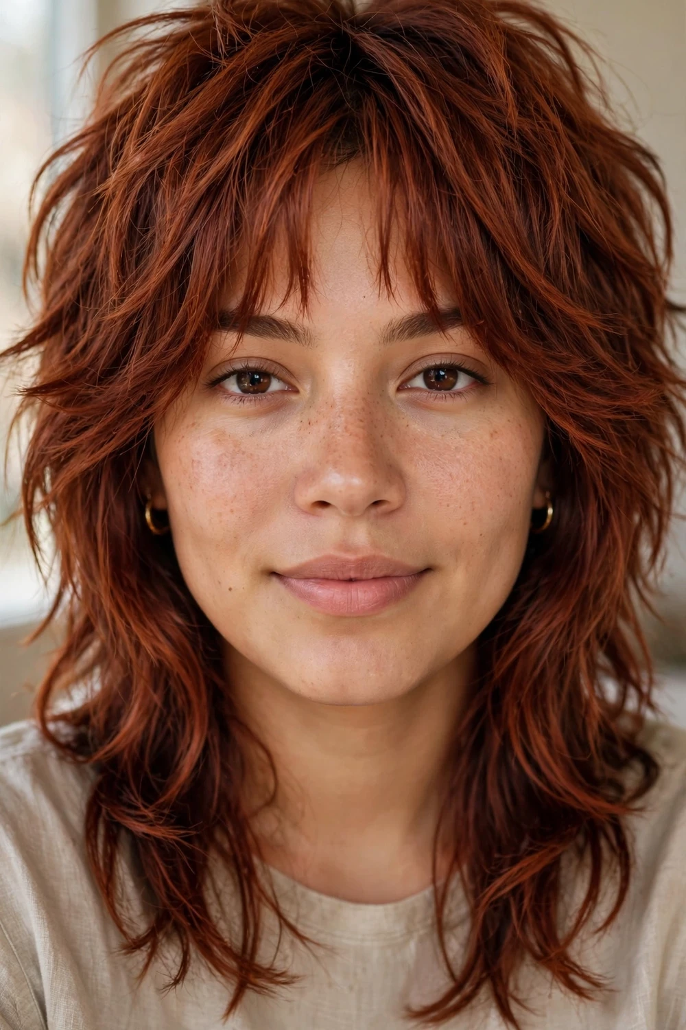 Woman with medium-length auburn shag cut, choppy layers and curtain fringe