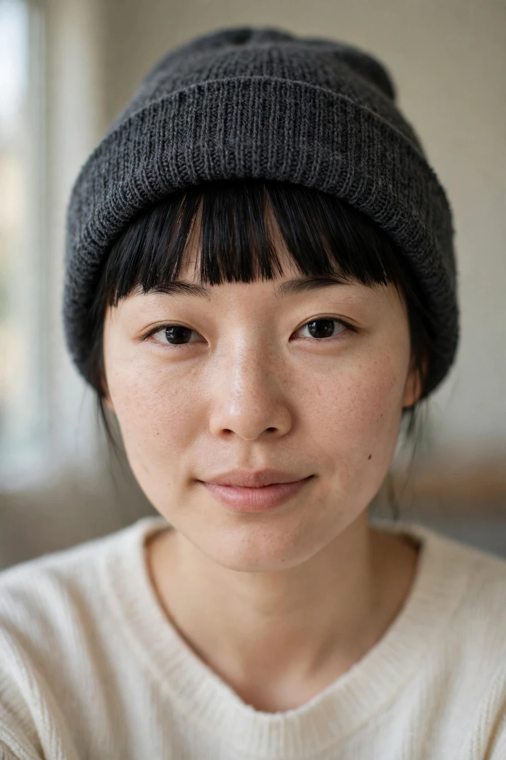 Woman with straight black hair and blunt bangs wearing a charcoal gray beanie