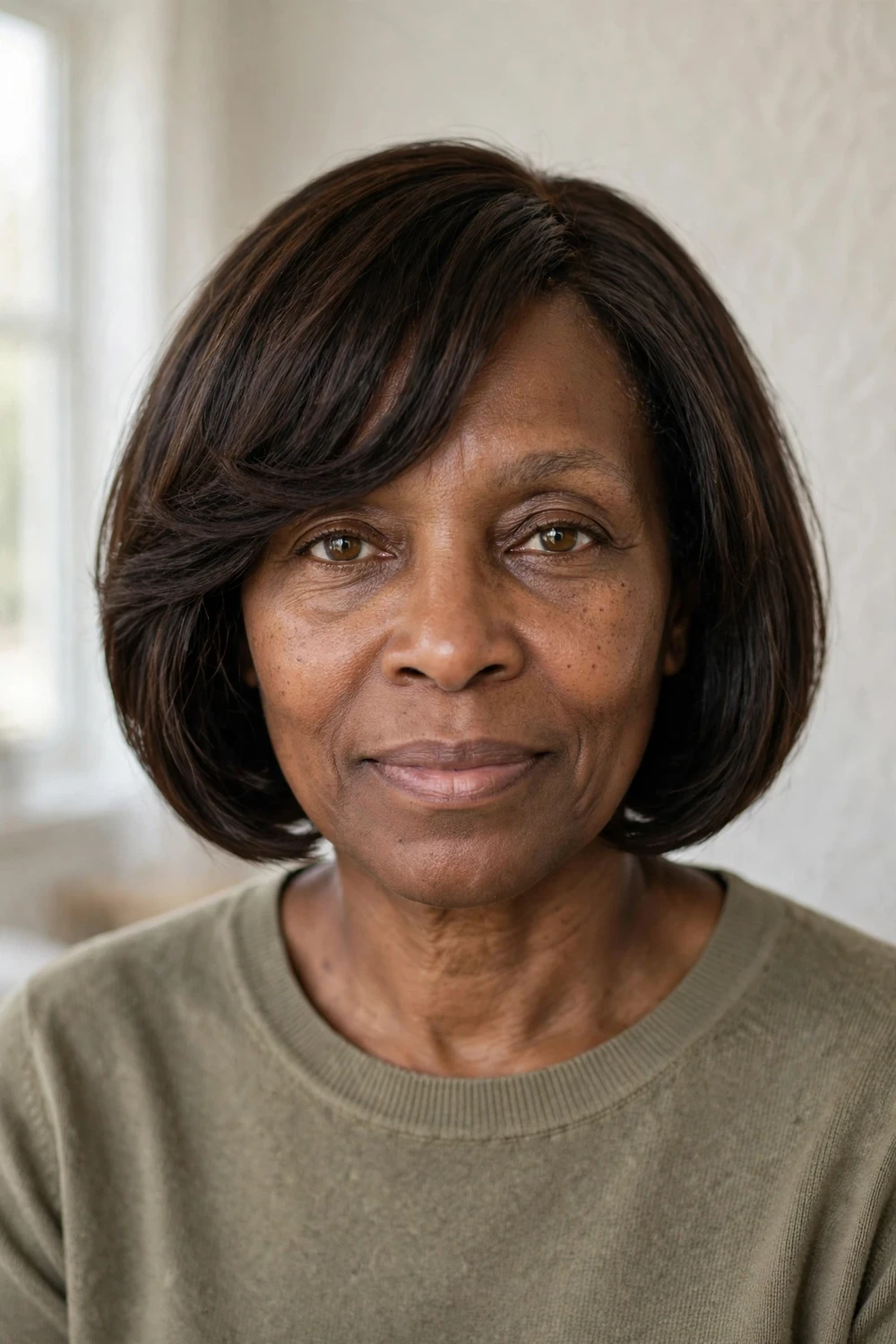 55-year-old Black woman with dark brown chin-length bob and side-swept bangs