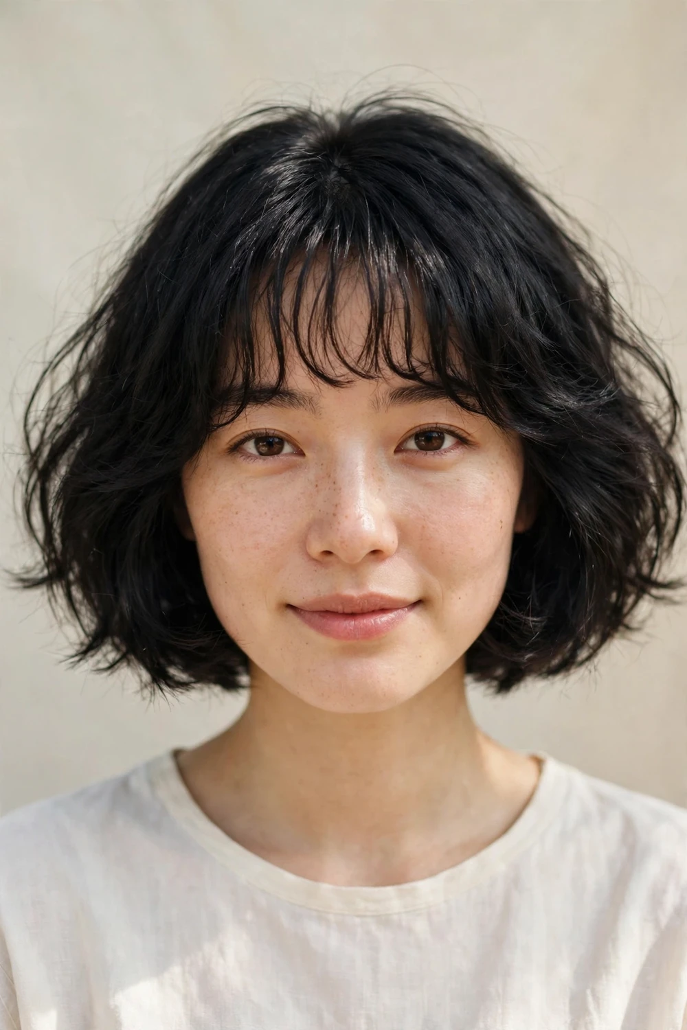 Cloud bob with light see-through wispy bangs on black hair