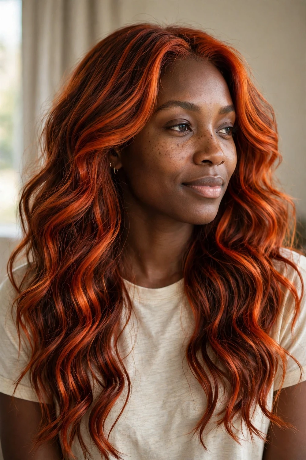 Woman with bright fiery auburn copper hair