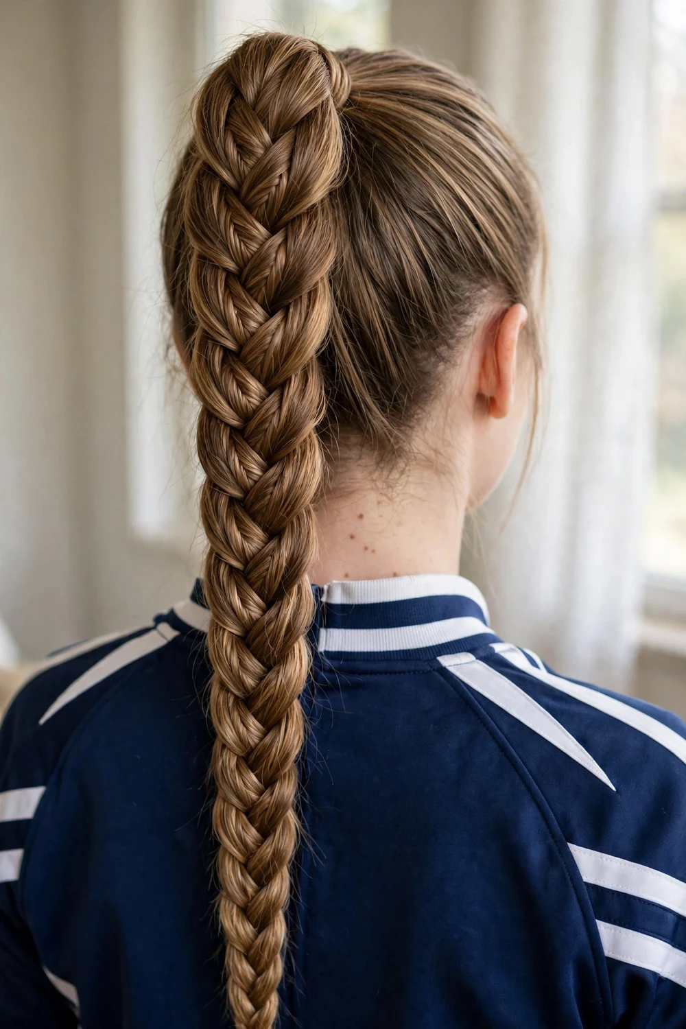 Woman with fishtail braid ponytail cheer hairstyle