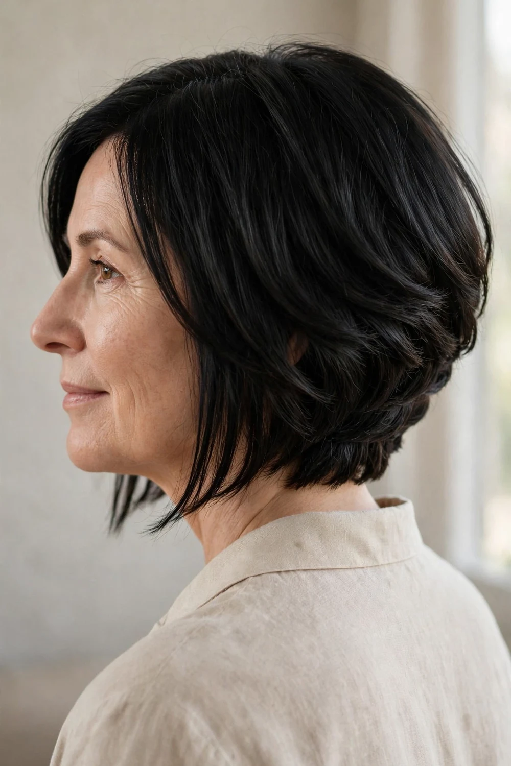Graduated bob with stacked back and longer front on a woman with a thin face, black hair