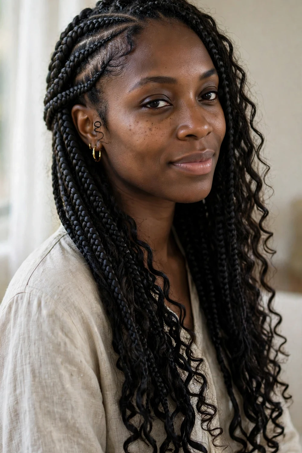 Woman with long side-swept lemonade boho braids over one shoulder