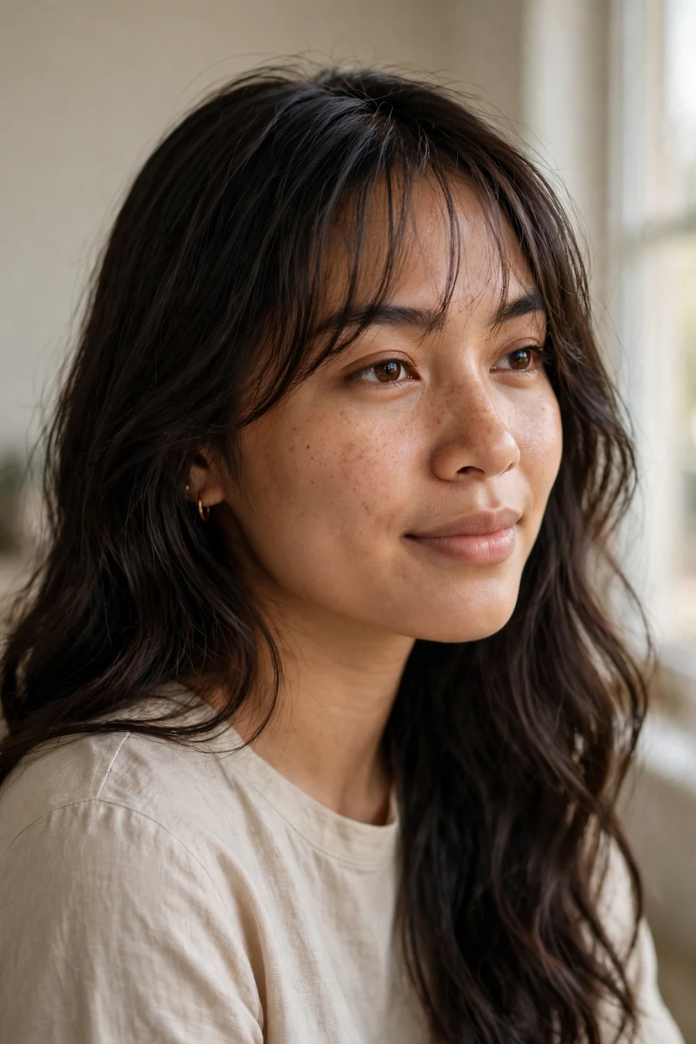 Woman with dark brown long wavy hair and sheer see-through wispy front strands