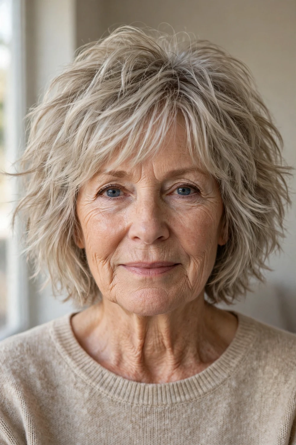 Shaggy bob with choppy layers on a 61-year-old woman with ash blonde thin hair