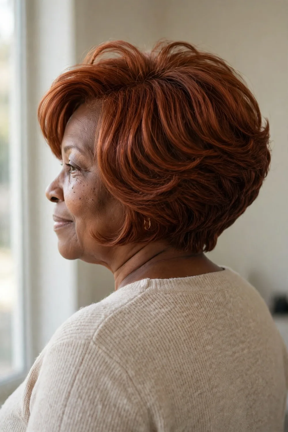 Voluminous angled bob blowout with rounded body on a woman over 50