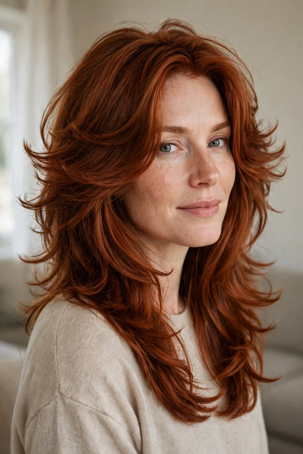 Woman with long auburn butterfly cut, feathered face-framing layers