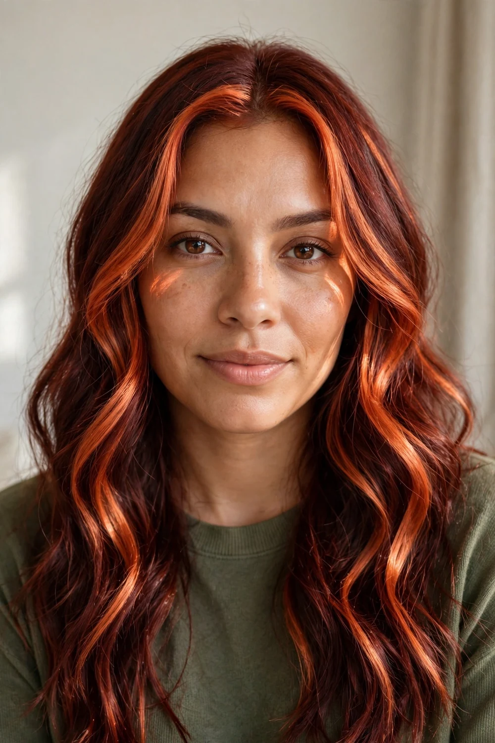 Woman with auburn red hair with copper highlights around the face