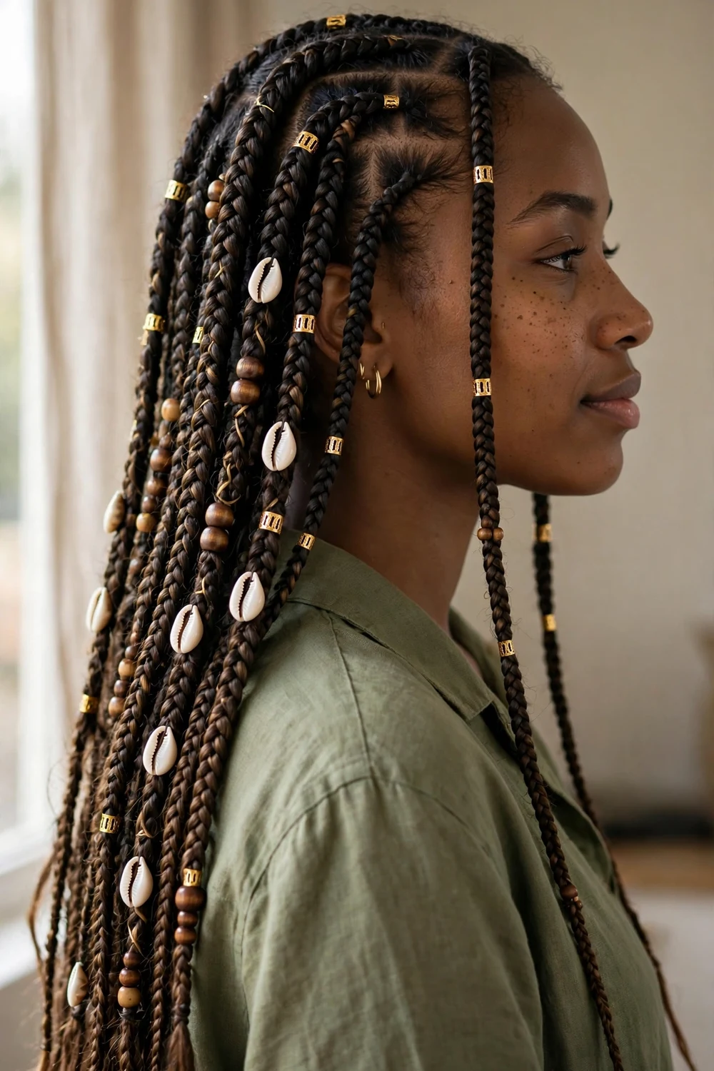 Woman with long boho braids decorated with gold cuffs wooden beads and shells