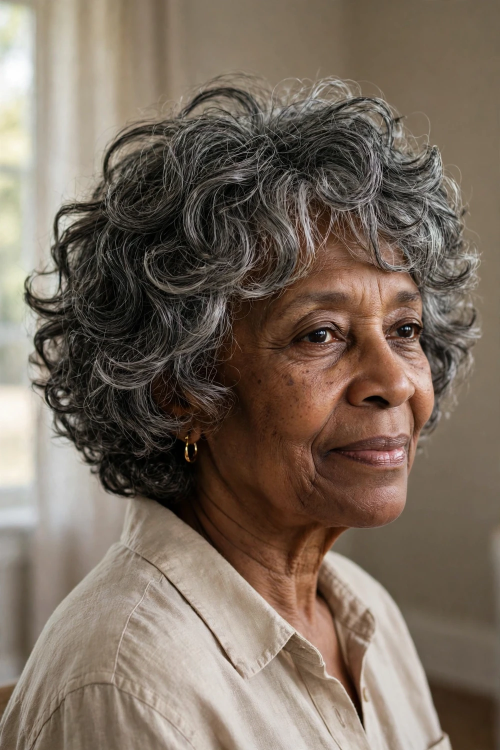 Curly shaggy bob on a 64-year-old woman with salt-and-pepper curly thin hair