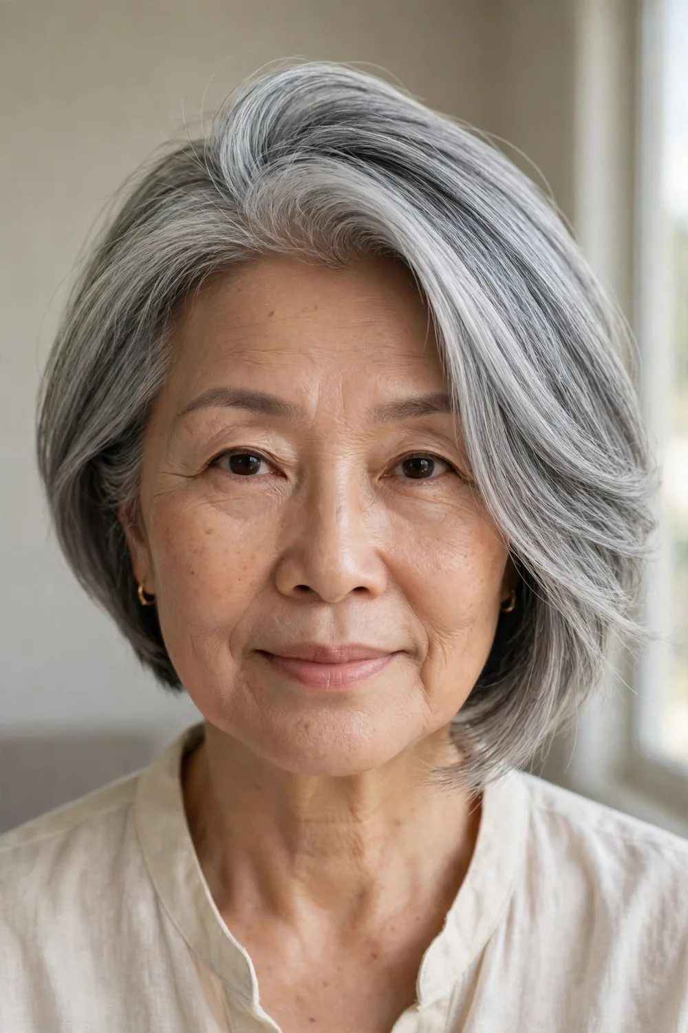 Angled bob with deep side part on a woman over 50
