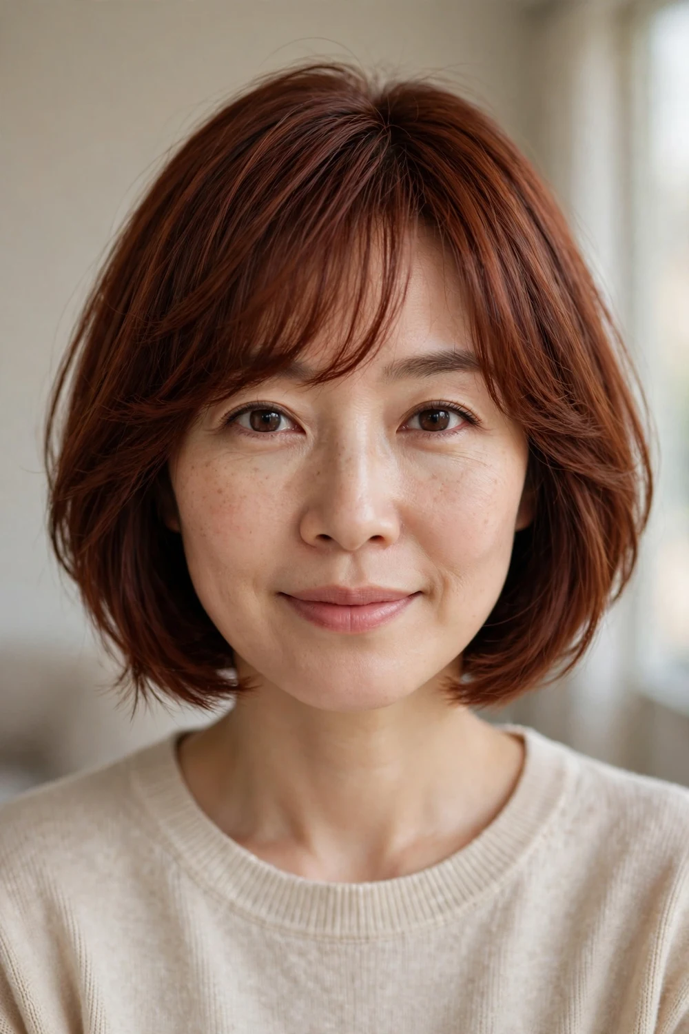 Graduated bob with soft fringe on a woman with a slim face, auburn hair