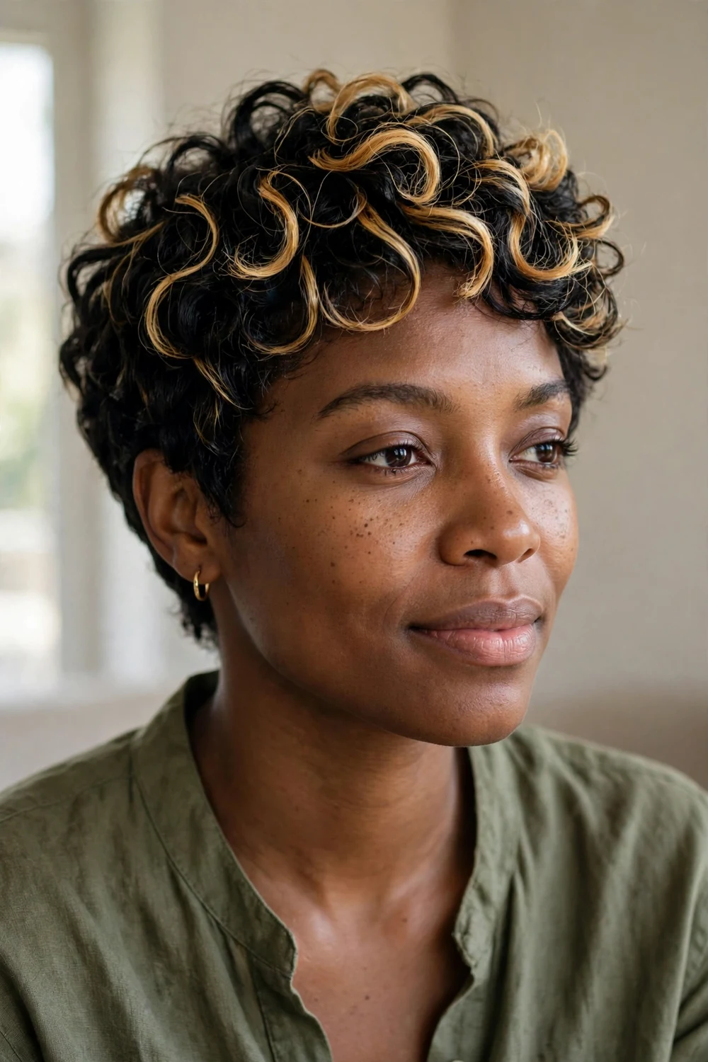 Curly pixie with honey blonde highlights tracing the curl pattern