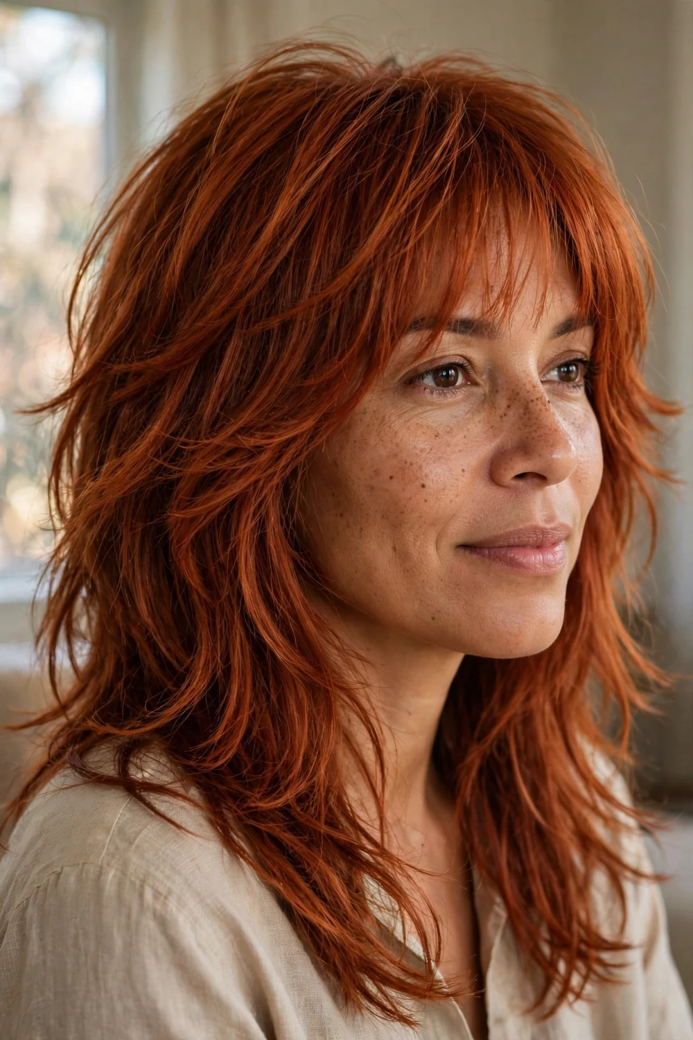 Woman with copper red long layered shaggy haircut and airy wispy bangs