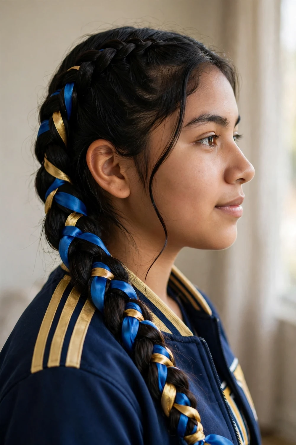 Girl with side braid woven with blue and gold team ribbons