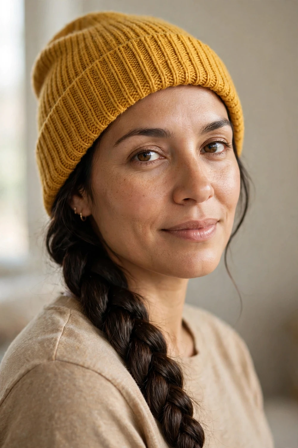 Woman with a single dark brown three-strand braid wearing a mustard knit beanie