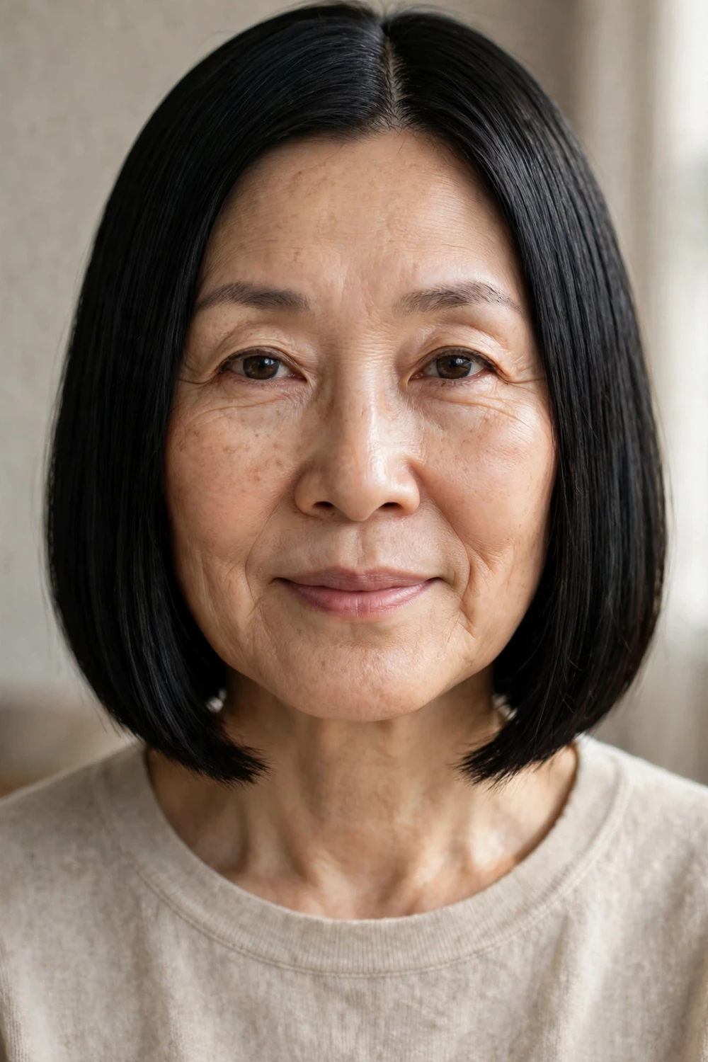 54-year-old East Asian woman with black sleek straight bob and a middle part