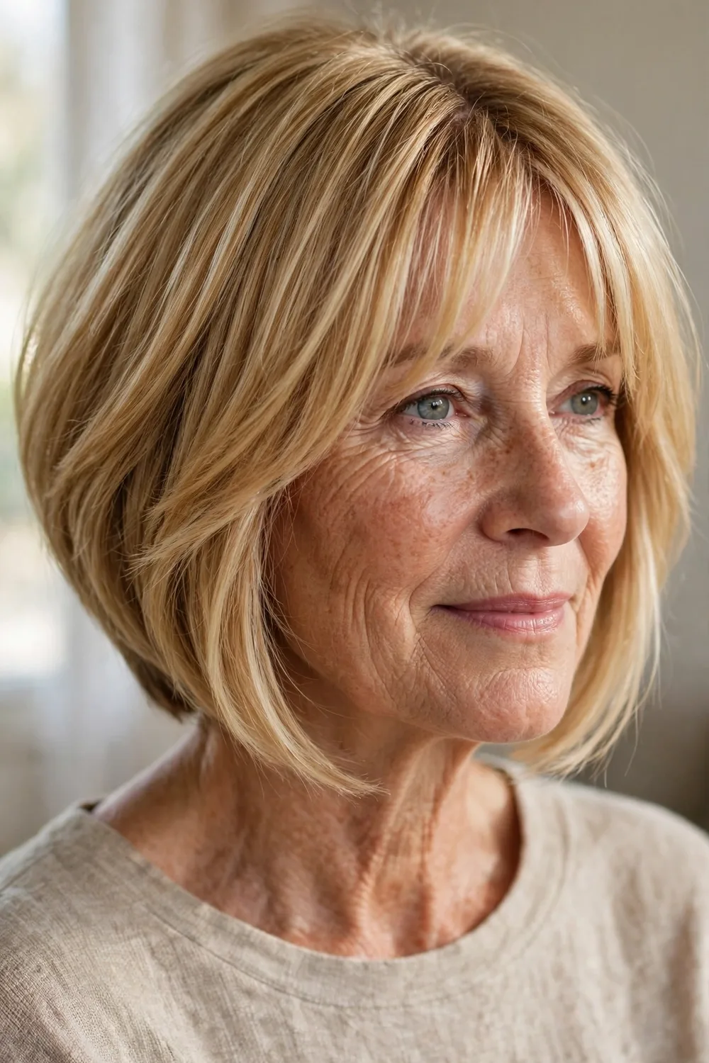 Angled bob with curtain bangs on a woman over 50