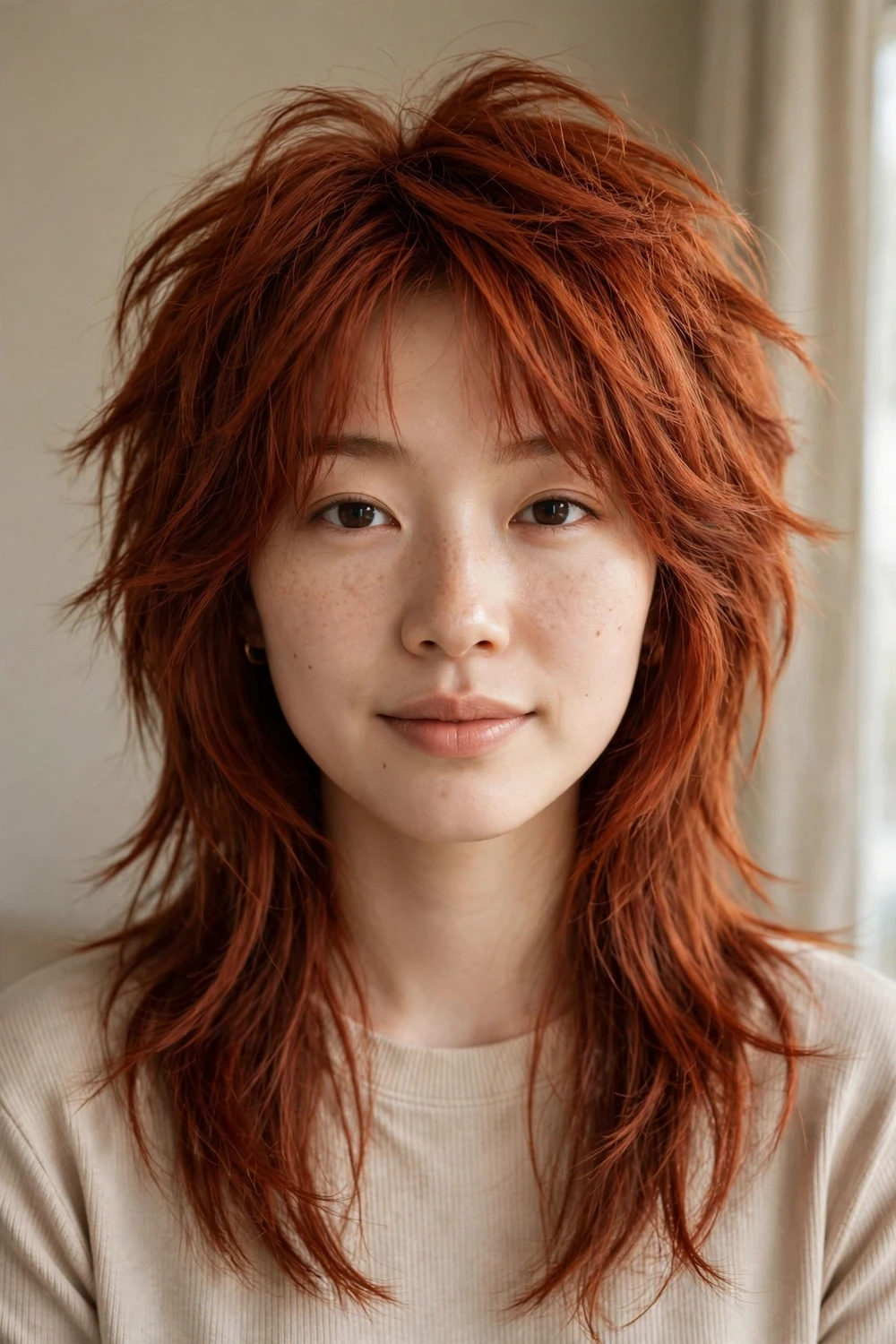 Woman with medium-long auburn wolf cut, shaggy disconnected layers and tousled texture