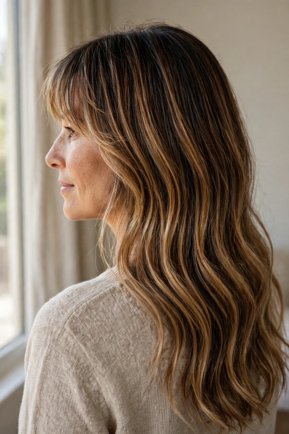 Woman with caramel balayage long hair and a delicate feathery wispy fringe