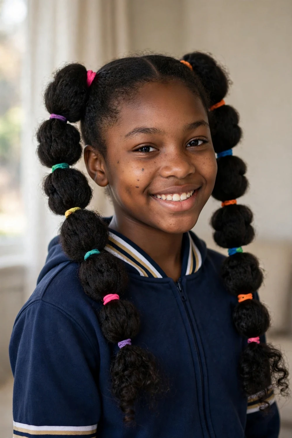 Girl with bubble braid pigtails and colorful hair ties